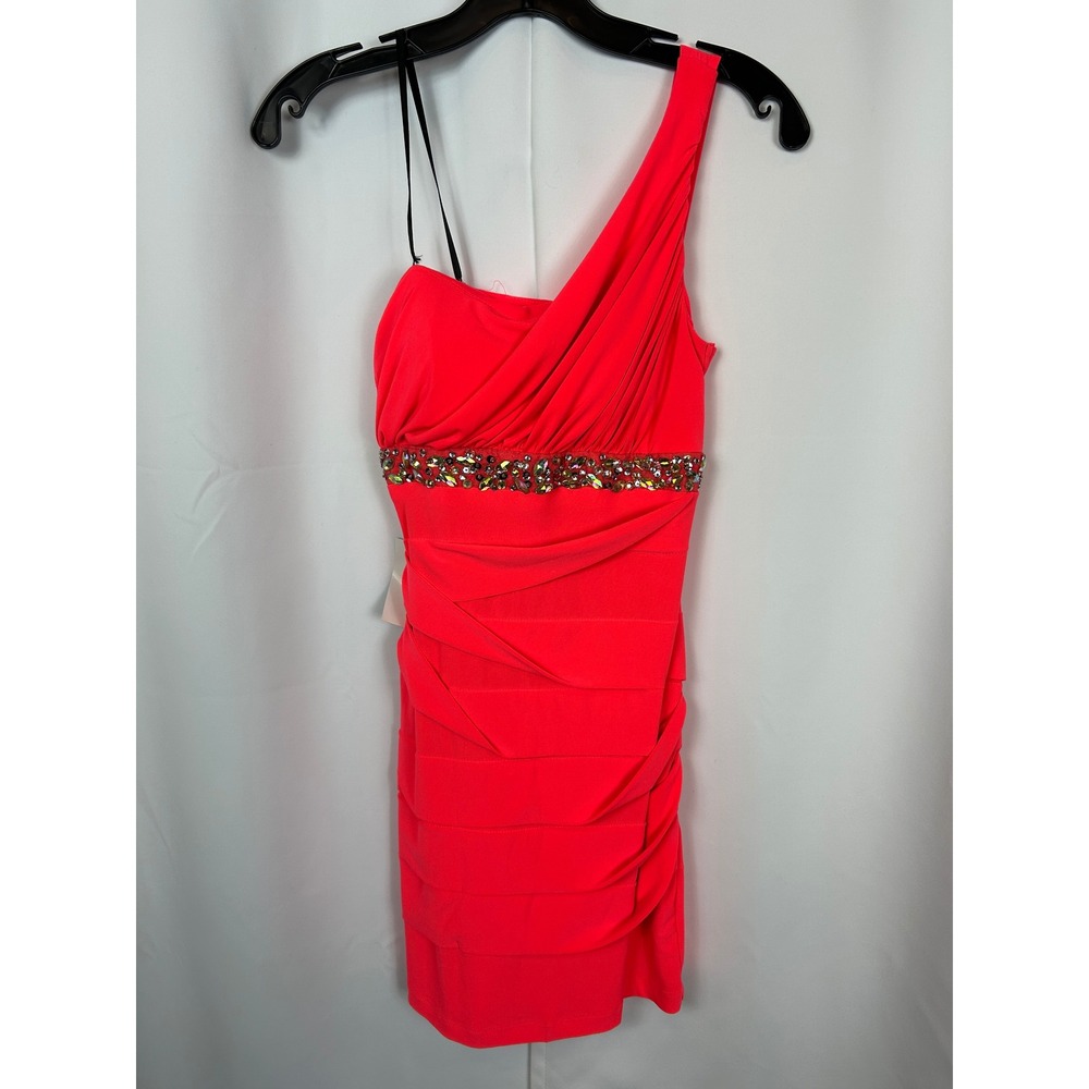 City Studio One Shoulder Neon Coral Pink 2000's Style Ruched Mini Dress Small